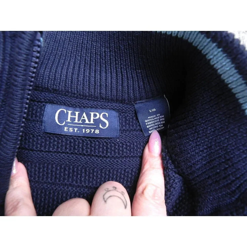 CHAPS Sweater Adult Large Navy Blue Mock Neck 1/4 Zip Cable Knit Outerwear Mens - Picture 3 of 7